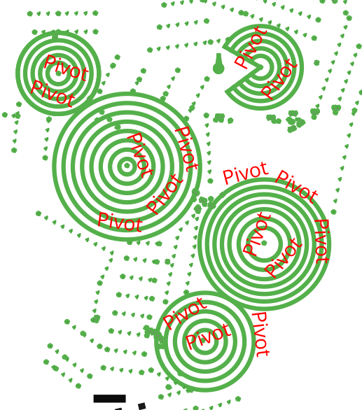 Supplied diagram showing several circular centre-pivot irrigation layouts
