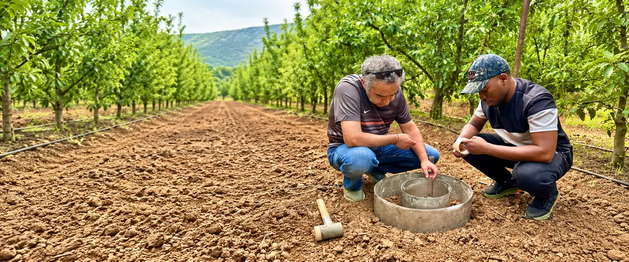Two researchers carrying out double-ring infiltration fieldwork in an orchard